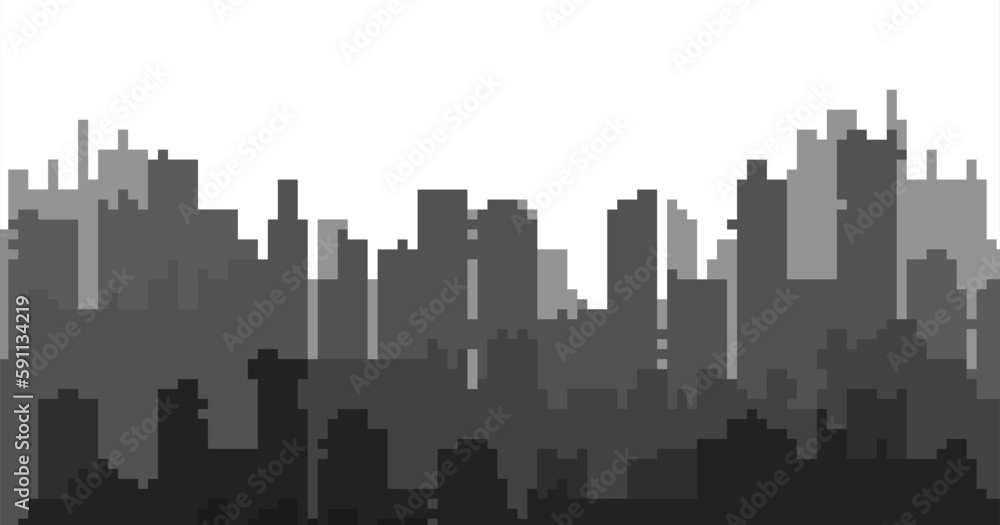A vector landscape of buildings silhouetted on white background.