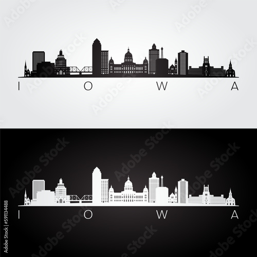 Iowa state skyline and landmarks silhouette, black and white design. Vector illustration.