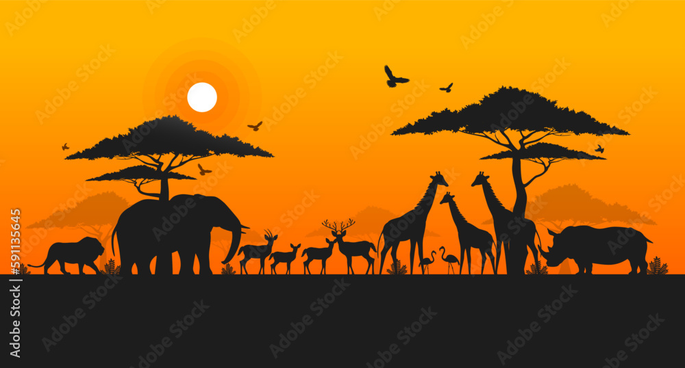 World wildlife day, Wild animals and Nature silhouette, Grassland safari, Environmental conservation, National park, Sustainable of Ecology concept, Think green nature, Save the planet, Eco friendly. World wildlife day, Wild animals and Nature silhouette, Grassland safari, Environmental conservation, National park, Sustainable of Ecology concept, Think green nature, Save the planet, Eco friendly.
