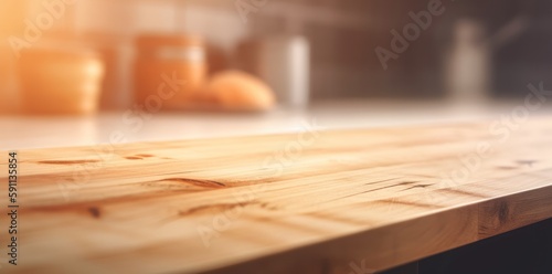 A wooden surface in a kitchen with a blurred background, in the style of light orange and light beige. Generative AI.