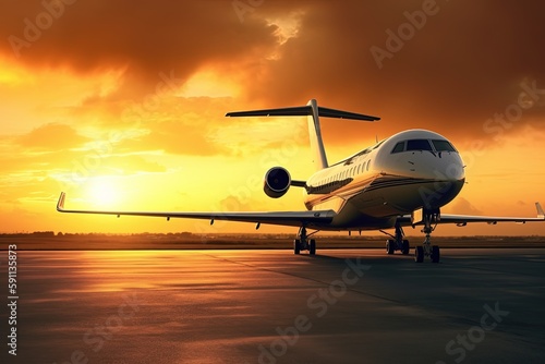 Airplane on the runway at sunset. Travel and business concept. Generative AI