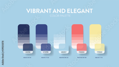Color palette guide in Vibrant and Elegant colour theme collections. Color inspiration or colour chart with codes template. Color combination set of RGB. Colors swatch for graphic design, art, fashion
