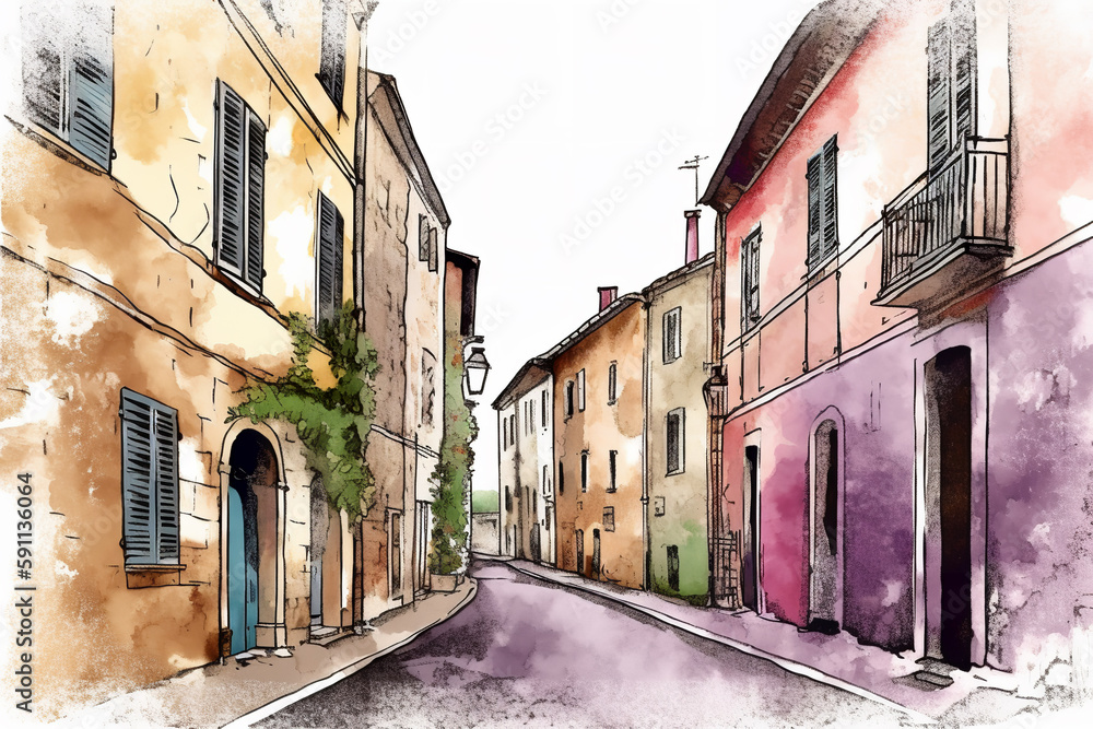 Obraz premium A watercolor painting of a street in a small town in Italy - Generative AI
