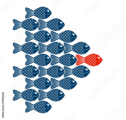 Business team leader vector concept shown with cartoon fishes and leading one is different color, teamwork or social leader.