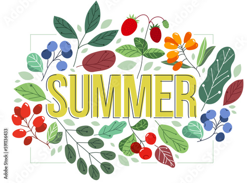 Big summer word surrounded by ripe berries and green fresh leaves of European forests vector flat style illustration isolated on white, wild berries seasonal eco diet food.