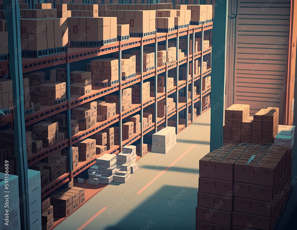 Large warehouse inside, boxes are on the shelves. Generative AI illustration. Large warehouse inside, boxes are on the shelves. Generative AI illustration.