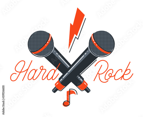 Hard rock and heavy metal emblem or logo vector flat style illustration isolated, microphone composition, stylish music icon.