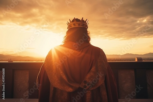 Fototapet Silhouette of a king in a crown against the backdrop of the sunset