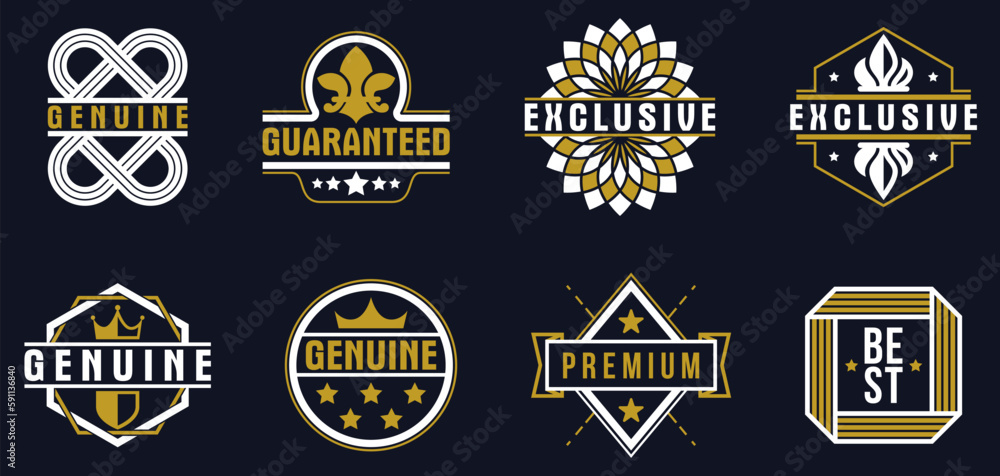 Premium best quality vector emblems set over dark, badges and logos collection for different products and business, classic graphic design elements, insignias and awards.