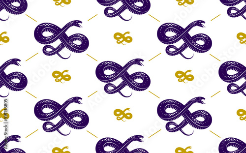 Snakes seamless background, vector dangerous venom serpents pattern, vintage style drawing tiling endless wallpaper.