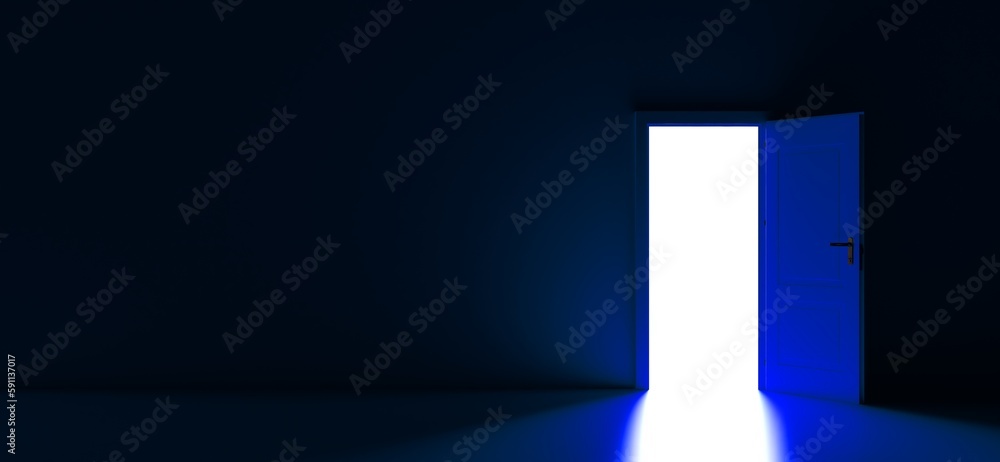 Open the door. Symbol of new career, opportunities, business ventures and initiative. Business concept. 3d render, Blue Room with the door open for a sky. Door to heaven. Open the door. Symbol of new career, opportunities, business ventures and initiative. Business concept. 3d render, Blue Room with the door open for a sky. Door to heaven.
