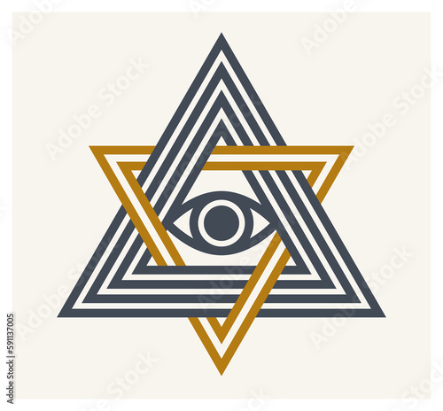 All seeing eye in star of David vector ancient symbol in modern linear style isolated on white, eye of god, masonic sign, secret knowledge illuminati.