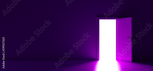 Open the door. Symbol of new career, opportunities, business ventures and initiative. Business concept. 3d render, white light inside open door isolated on purple background. Modern minimal concept. photo