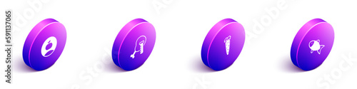 Set Isometric Apple, Genetically modified chicken, Carrot and Fish icon. Vector