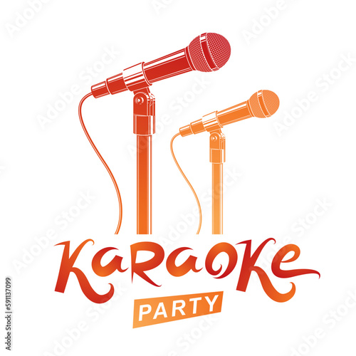 Karaoke party promotion poster design. Rap battle concept, two stage microphones vector illustration.
