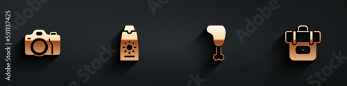 Set Photo camera, Sunscreen cream in tube, Chicken leg and Hiking backpack icon with long shadow. Vector