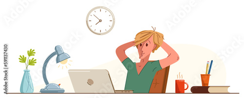 Young man office worker having coffee break during a day vector flat illustration isolated, relaxed resting watching monitor employee, job done, work finished, lazy.