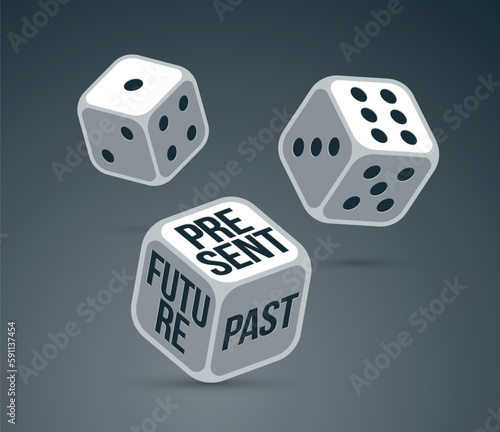 Future past and present dices rolling and choosing vector illustration, concept of living in memories or plans or enjoying life today.