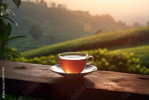 Tea cup with on the wooden table and the tea plantations background. Generative AI