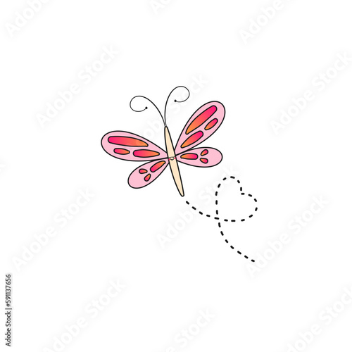 pink dragonfly cartoon charater with happy smiling face and heart trail illustration isolated on a transparent bakground
