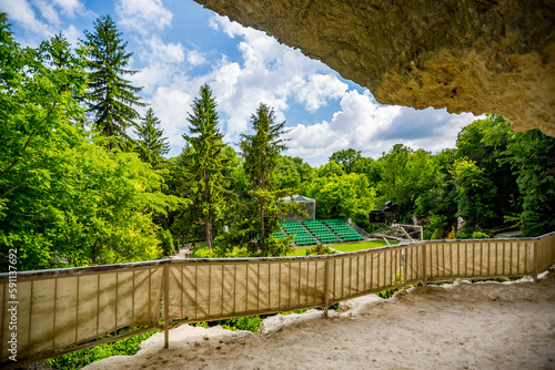 Spring travel view at Aladhza cave monastery complex ancient sanctuary near Varna, Bulgaria