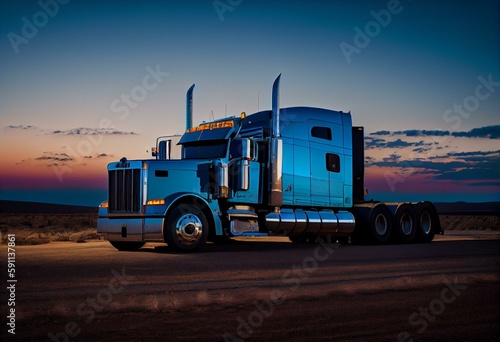 Profile of big rig blue semi truck tractor with dry van semi trailer driving on the flat highway road along the fields at twilight. Generative AI