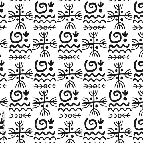 Seamless pattern drawings of ancient tribe. Primitive ethnic ornament, petroglyph. Symbol, cross Icon. Ancient patterns. Stone age. Prehistoric art of cavemen. For print, textiles, fabrics. Vector 