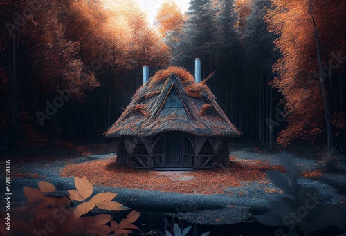 Large Hut in a Forest in Autumn, AI Generated. Generative AI