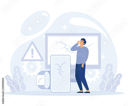 Product quality concept, defective product, ISO certification, broken equipment, repair manual, video tutorial, flat vector modern illustration