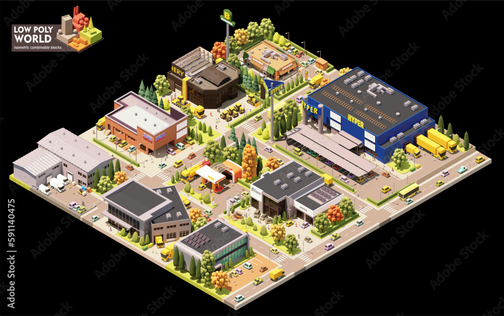 Vector isometric world map creation set. Combinable map elements. Town or city commercial area map