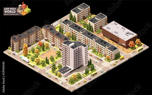 Vector isometric world map creation set. Combinable map elements. Town or city residential area map. Multi storey buildings and streets