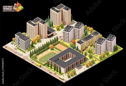 Vector isometric world map creation set. Combinable map elements. Town or city residential area map. Multi storey buildings and streets