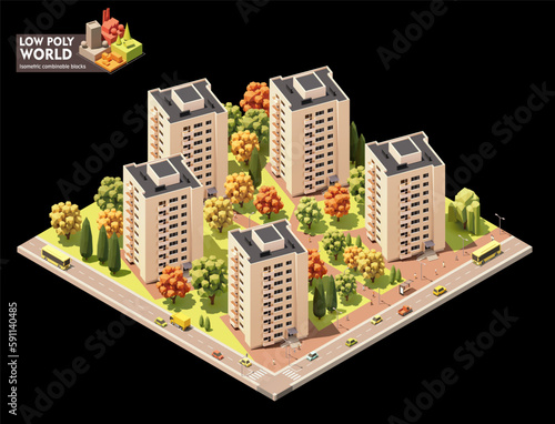 Vector isometric world map creation set. Combinable map elements. Town or city residential area map. Multi storey buildings and streets