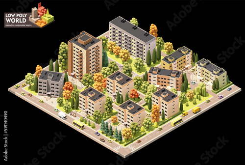 Vector isometric world map creation set. Combinable map elements. Town or city residential area map. Multi storey buildings and streets