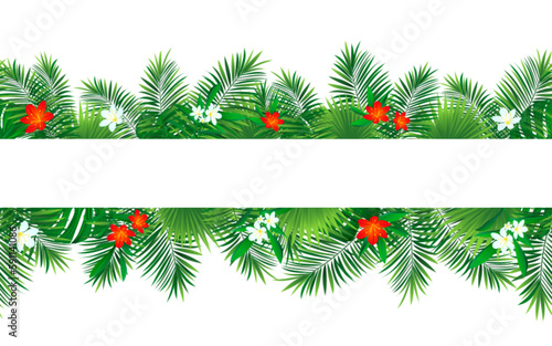 Amazon tropical seamless pattern with place for text. Tropic vector illustration. Rainforest foliage template border frame. Jungle plants repeated banner. Green backdrop with tropic palm leaf monstera