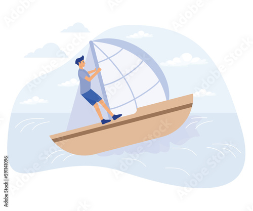 Water sport concept, Water skiing, surfing and sailing, active lifestyle, summer adventure, swim wetsuit, yacht club, flat vector modern illustration