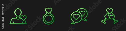 Set line Heart in speech bubble, Romantic man, Wedding rings and Glass of champagne. Gradient color icons. Vector