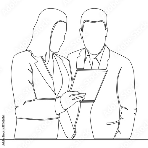 Continuous line drawing two young professionals discussing project as team on tablet icon vector illustration concept
