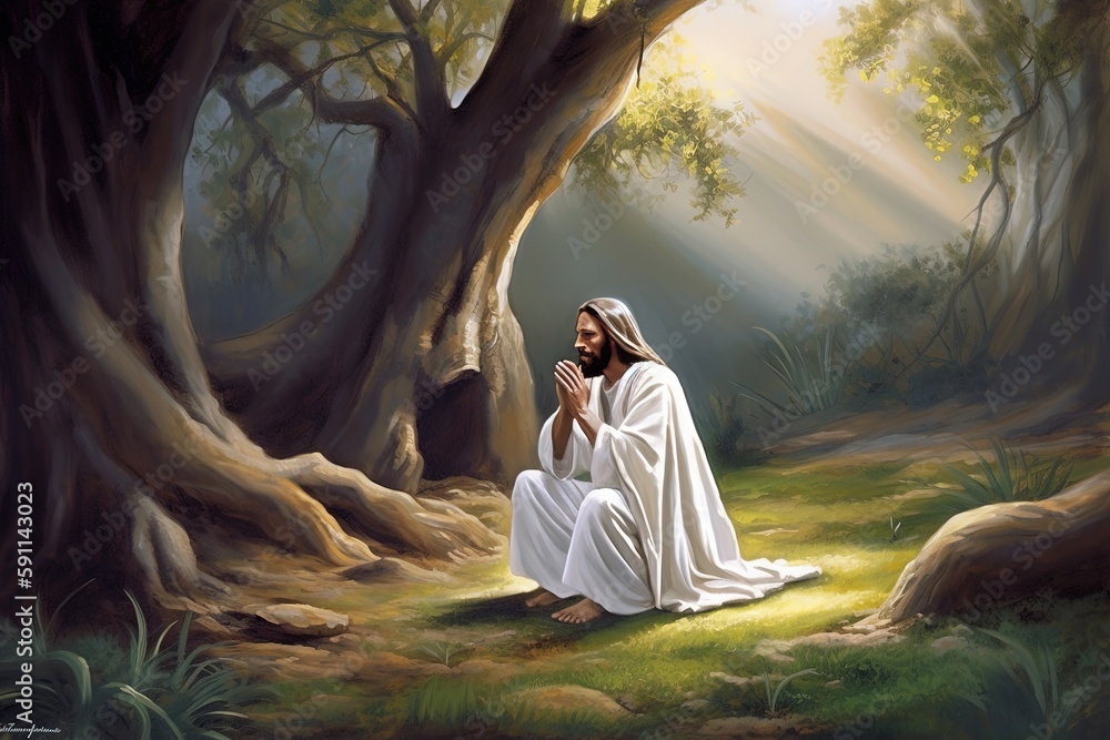 Jesus Christ prays to the Father in the Garden of Gethsemane in the