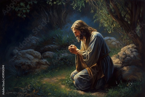 Jesus Christ prays to the Father in the Garden of Gethsemane in the evening oil painting. Generative AI photo