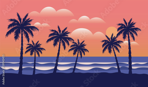 Cartoon flat panoramic landscape, sunset with the palms silhouettes on the colourful background. Vector  illustration © OksanaValion