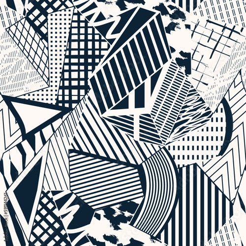 Artistic collage seamless pattern with abstract shapes. Psychedelic lowpoly endless vector structure. 
