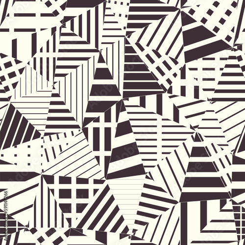 Abstract seamless pattern with hallucinatory lines structure in triangles shape. Repetitive background collage. 