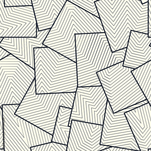 Asymmetric squares tiles filled with lines grid. Repetitive vector structure. Monochrome seamless pattern modern design.