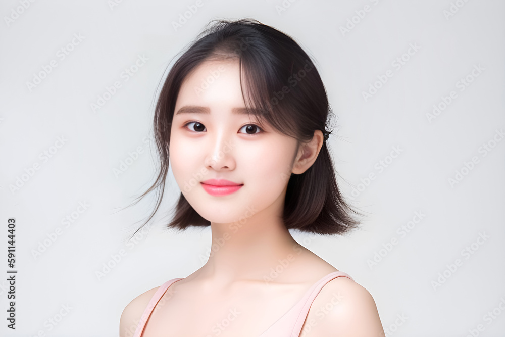 Portrait of Beautiful Asian Woman with her Smooth skin look at camera on White background in Studio light. generative AI. Portrait of Beautiful Asian Woman with her Smooth skin look at camera on White background in Studio light. generative AI.