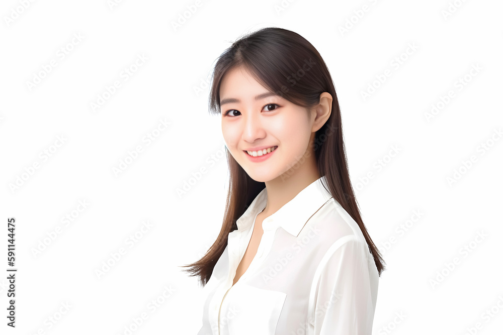 Smart Casual Office Shirt uniform Girl Teenager - Adult stands in front of White Background. generative AI Smart Casual Office Shirt uniform Girl Teenager - Adult stands in front of White Background. generative AI