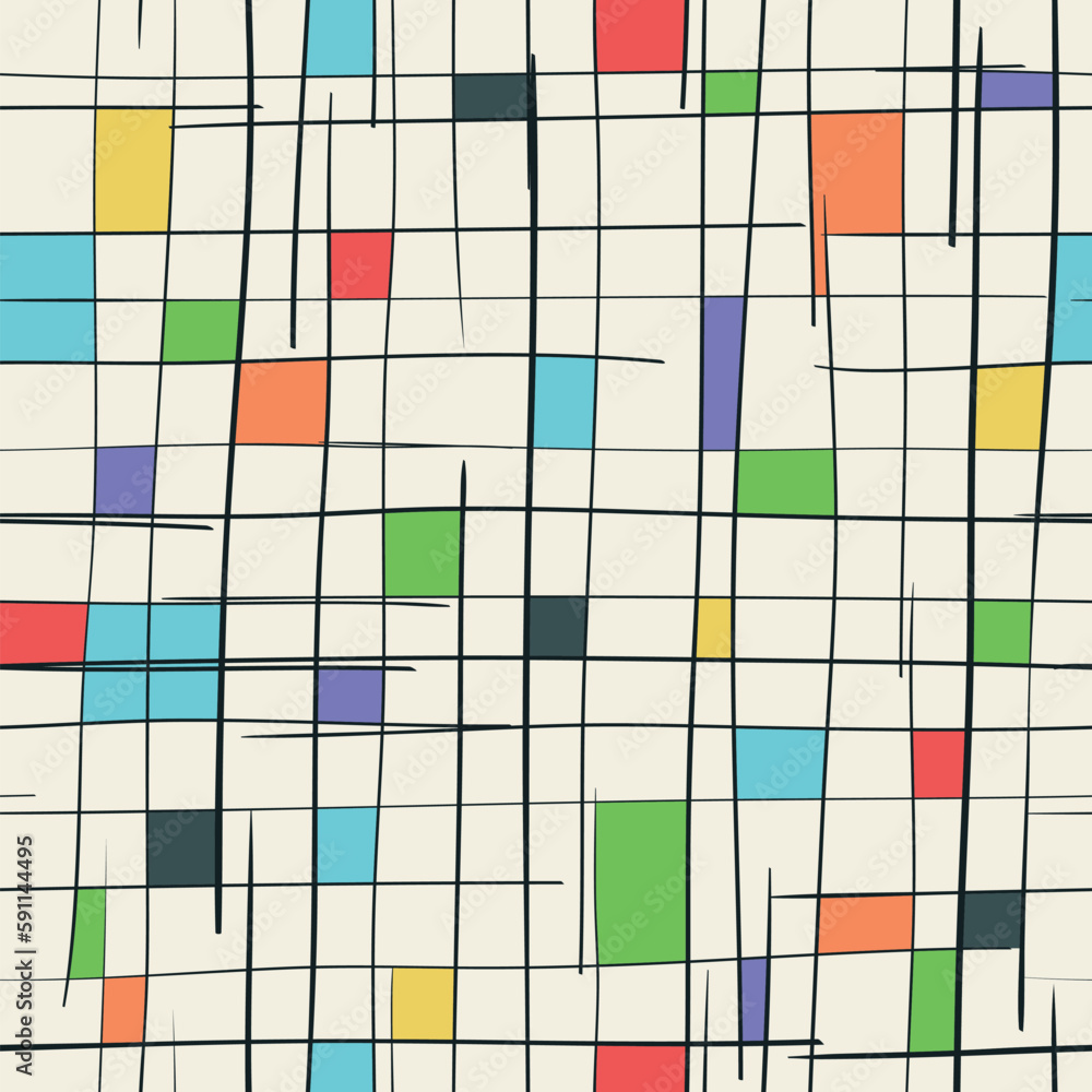 Fototapeta premium Grid structure with colored shapes and tremulous hand drawn lines. Cool endless vector background for wallpaper or packaging. Creative cube seamless pattern.