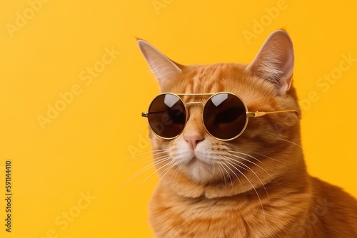 Portrait of a red cat wearing sunglasses on a yellow background. Generative AI
