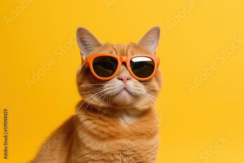 Portrait of red cat wearing orange sunglasses and looking at camera on yellow background. Generative AI photo