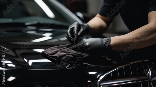 Shoot of a male hands carefully polishing his car with a microfiber cloth photo